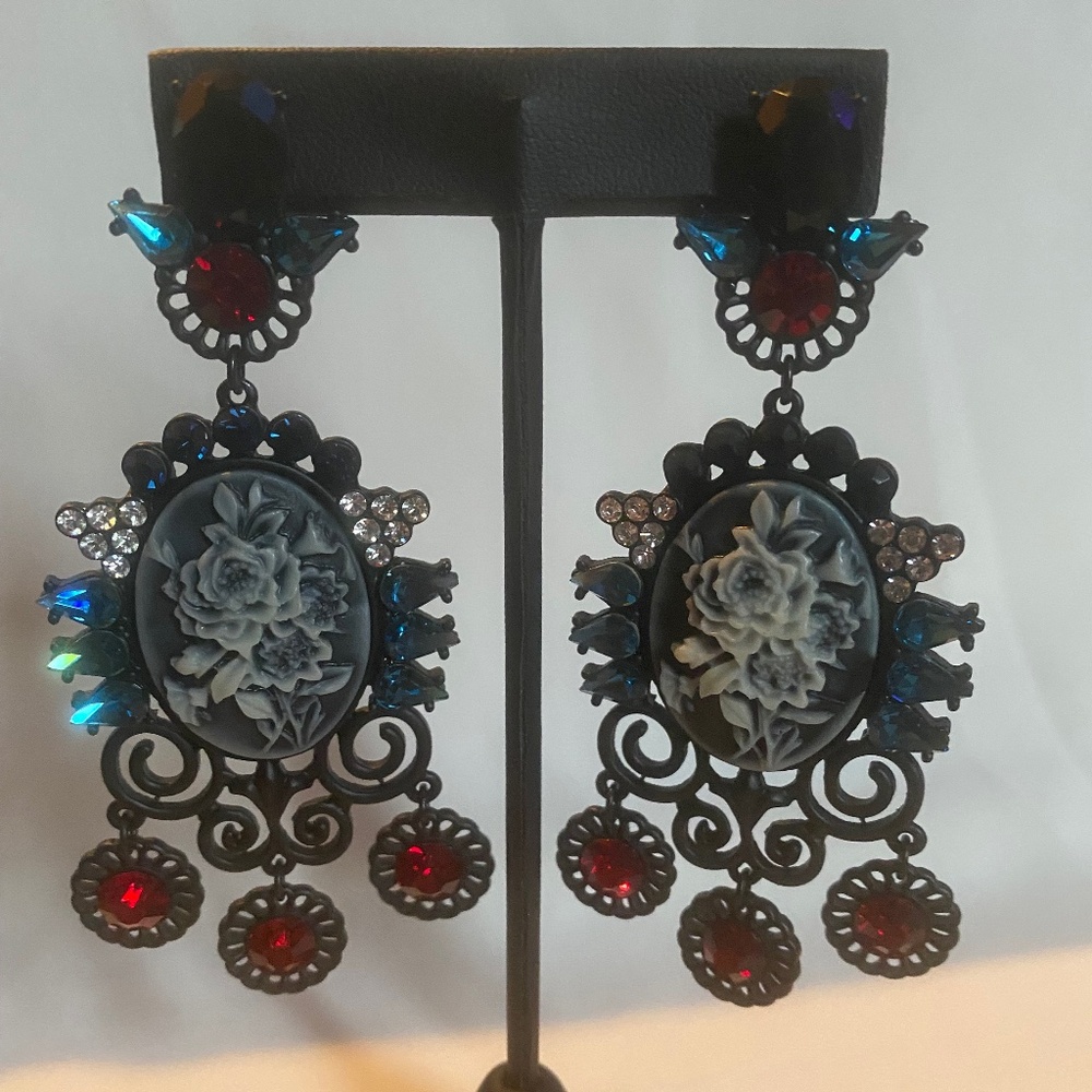 White rose carving earrings /blue and White rose Cameo Drop Dangle Earrings